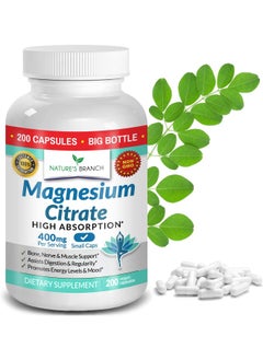 Magnesium Citrate 400mg - 200 Capsules - High Potency for Sleep, Leg Cramps, Extra Strength Absorption, Easy to Swallow Pills for Women & Men, Vegan Supplement Not Tablets - Made in USA