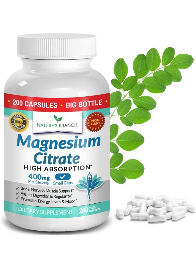 Nature's Branch - Magnesium Citrate 400mg - 200 Capsules - High Potency for Sleep, Leg Cramps, Extra Strength Absorption, Easy to Swallow Pills for Women & Men, Vegan Supplement Not Tablets - Made in USA - Image 1