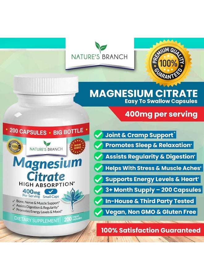 Nature's Branch - Magnesium Citrate 400mg - 200 Capsules - High Potency for Sleep, Leg Cramps, Extra Strength Absorption, Easy to Swallow Pills for Women & Men, Vegan Supplement Not Tablets - Made in USA - Image 1