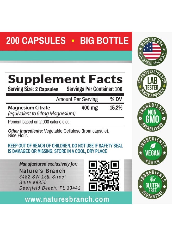 Nature's Branch - Magnesium Citrate 400mg - 200 Capsules - High Potency for Sleep, Leg Cramps, Extra Strength Absorption, Easy to Swallow Pills for Women & Men, Vegan Supplement Not Tablets - Made in USA - Image 1