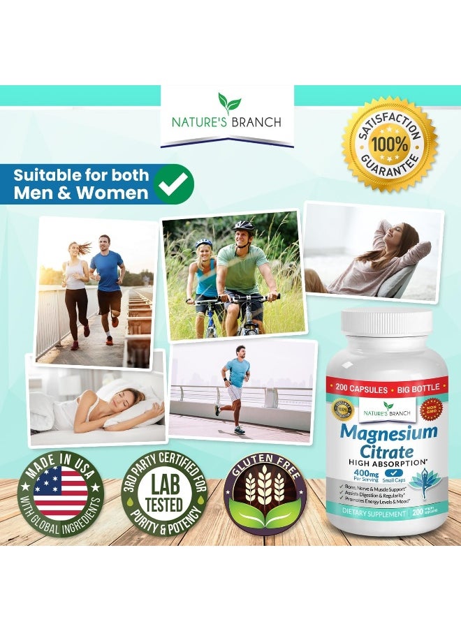 Nature's Branch - Magnesium Citrate 400mg - 200 Capsules - High Potency for Sleep, Leg Cramps, Extra Strength Absorption, Easy to Swallow Pills for Women & Men, Vegan Supplement Not Tablets - Made in USA - Image 1