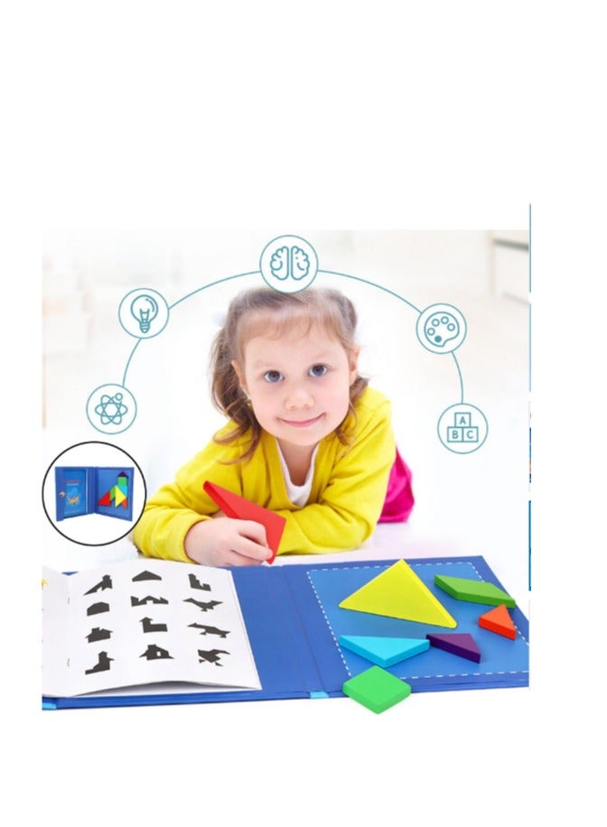 لعبة لغز تانجرام المغناطيسي بنمط خشبي، لعبة كتاب للأطفال الذكاء التعليمي والتطوير المبكر، تشريح الأشكال المقطوعة تانجرام مع حلول أسئلة، ألعاب السفر - Image 2