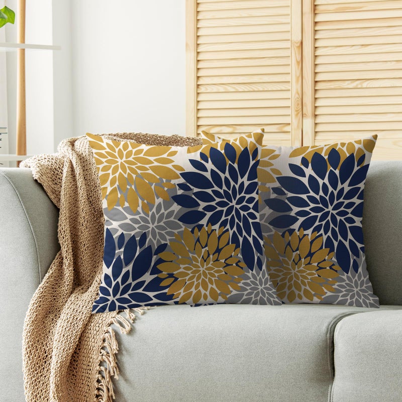 Smozenith Yellow and Blue Throw Pillow Covers 18X18 Inch Set of 2  Navy Yellow Gray Grey Dahlia Floral Print Modern Decorative Pillow Covers Outdoor Farmhouse Cushion Case for Home Couch Sofa Bed Decoration  - Image 2