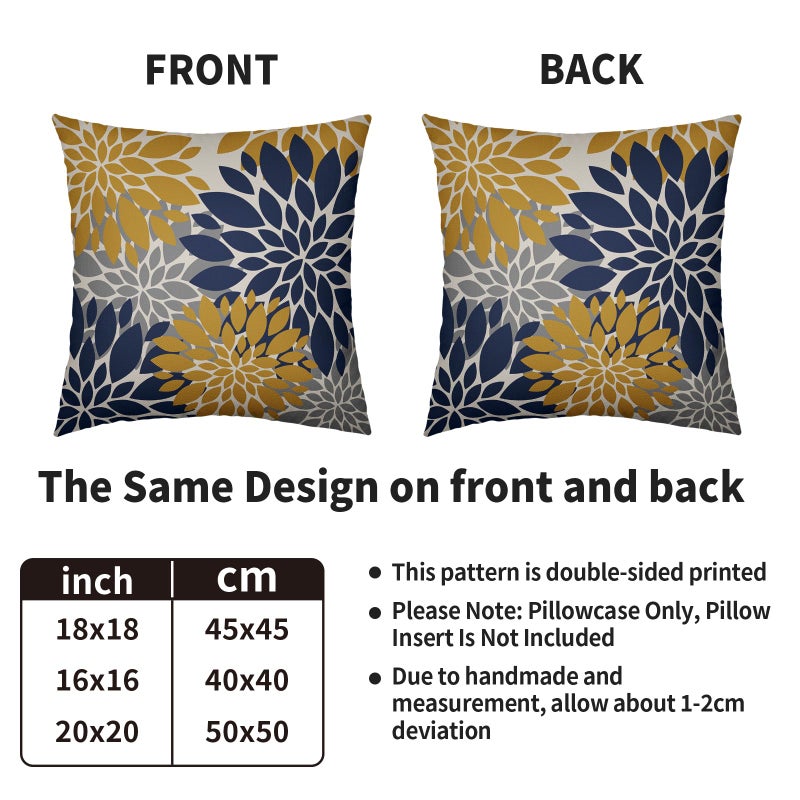 Smozenith Yellow and Blue Throw Pillow Covers 18X18 Inch Set of 2  Navy Yellow Gray Grey Dahlia Floral Print Modern Decorative Pillow Covers Outdoor Farmhouse Cushion Case for Home Couch Sofa Bed Decoration  - Image 4