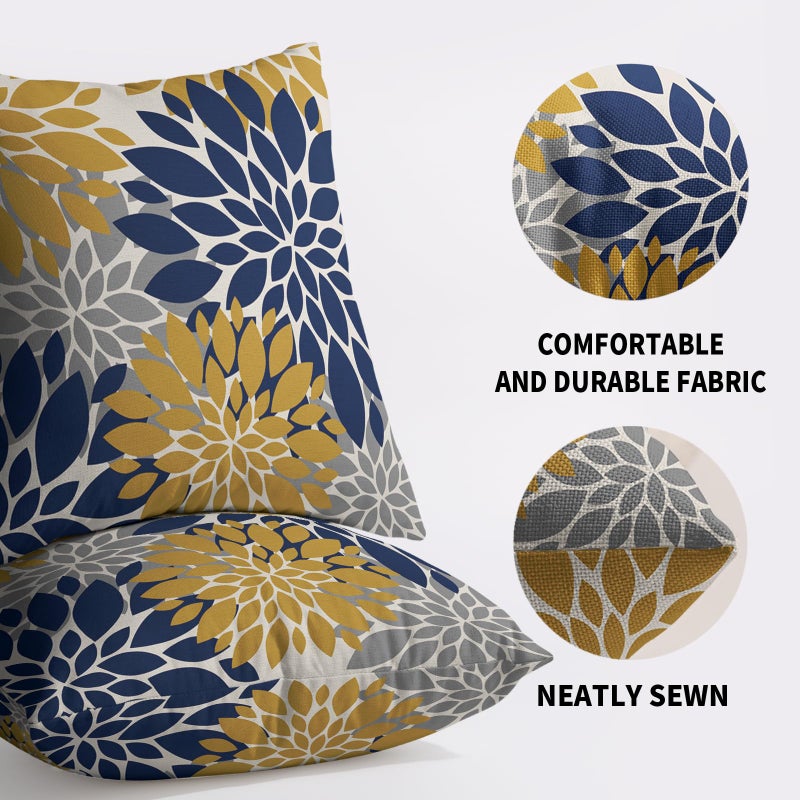 Smozenith Yellow and Blue Throw Pillow Covers 18X18 Inch Set of 2  Navy Yellow Gray Grey Dahlia Floral Print Modern Decorative Pillow Covers Outdoor Farmhouse Cushion Case for Home Couch Sofa Bed Decoration  - Image 5
