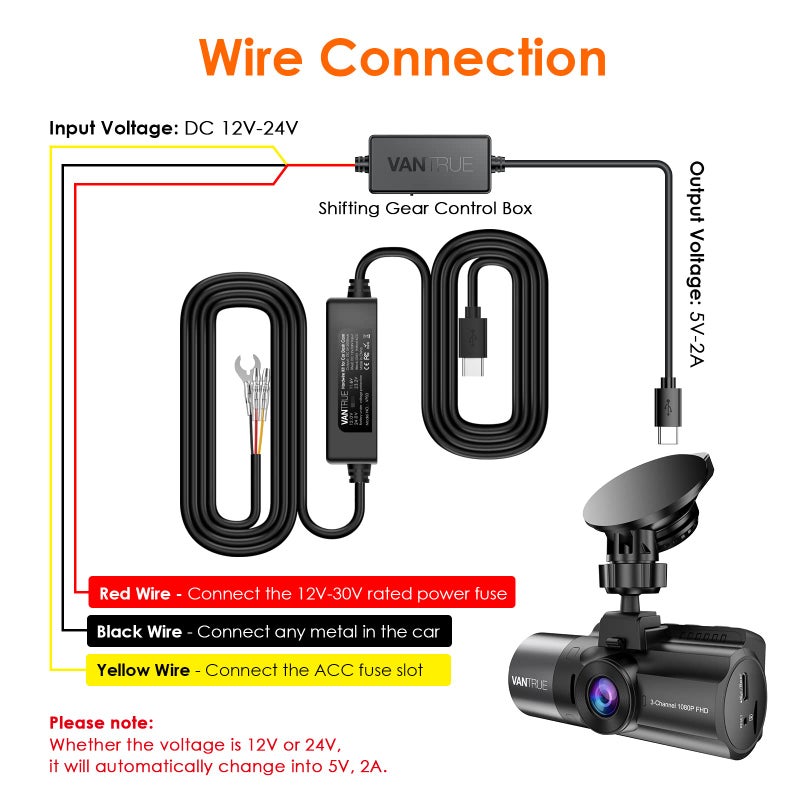 Vantrue 11.5ft Type C USB 12V 24V to 5V Dash Cam Hardwire Kit with Add a Circuit Fuses, Low Voltage Protection for N4, N4 Pro, N5, N2X, E360/ACE, N2 Pro(2023), E1, E1 Lite, E2, E3, S1 Pro, S2, N2S - Image 2