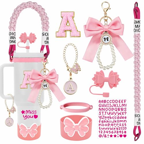 FRZSHENG 8PCS Cup Accessories Set for Owala, Stanley Quencher H2.0 30/40oz & IceFlow 20/30oz, Fits Hydro Flask 12–24oz, Letter Charms, Silicone Bow Boot & Straw Topper, Personalization Accessories (A, Pink) - Image 1
