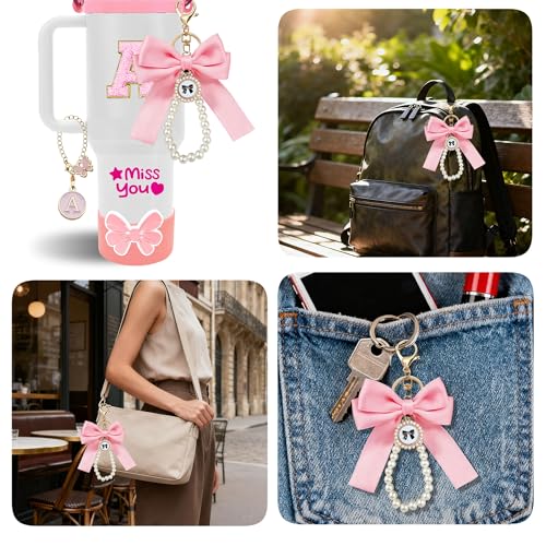 FRZSHENG 8PCS Cup Accessories Set for Owala, Stanley Quencher H2.0 30/40oz & IceFlow 20/30oz, Fits Hydro Flask 12–24oz, Letter Charms, Silicone Bow Boot & Straw Topper, Personalization Accessories (A, Pink) - Image 3