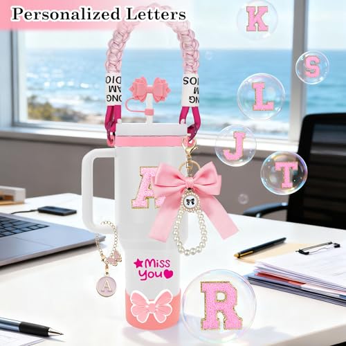 FRZSHENG 8PCS Cup Accessories Set for Owala, Stanley Quencher H2.0 30/40oz & IceFlow 20/30oz, Fits Hydro Flask 12–24oz, Letter Charms, Silicone Bow Boot & Straw Topper, Personalization Accessories (A, Pink) - Image 4