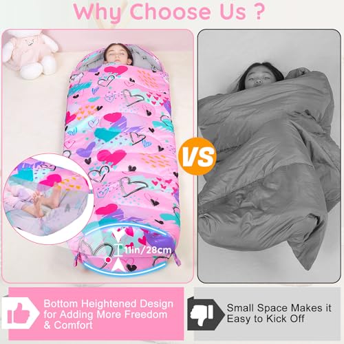 FIOBEE Kids Sleeping Bag for Girls Boys 3 Season Warm & Cool Weather 41-60.8℉ Camping Sleeping Bags with Backpacking Bag for Traveling Hiking Indoor Outdoor Camping Essentials Gear, Pink Love - Image 3