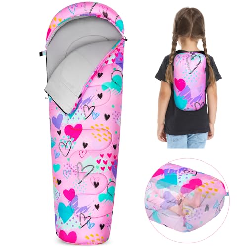 FIOBEE Kids Sleeping Bag for Girls Boys 3 Season Warm & Cool Weather 41-60.8℉ Camping Sleeping Bags with Backpacking Bag for Traveling Hiking Indoor Outdoor Camping Essentials Gear, Pink Love - Image 1