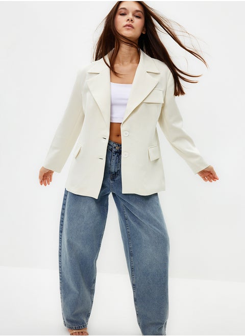 White Oversize Lined Woven Blazer Jacket TWOSS22CE0077