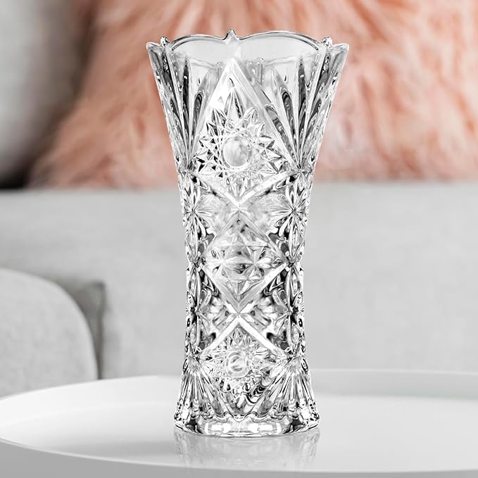 Red Cherry India Glass Dimond Cut Flower Vase Crystal Clear 11 Inch Flower Vase for Dining Table Decoration Clear Crystal VaseOrchid Pattern Glass Vase for Centerpieces Modern Flower Vase Decorative - Image 1