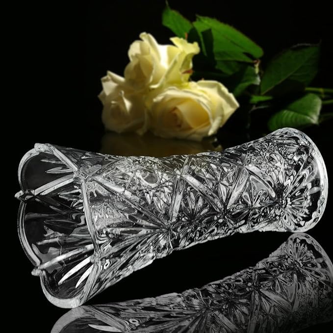 Red Cherry India Glass Dimond Cut Flower Vase Crystal Clear 11 Inch Flower Vase for Dining Table Decoration Clear Crystal VaseOrchid Pattern Glass Vase for Centerpieces Modern Flower Vase Decorative - Image 3
