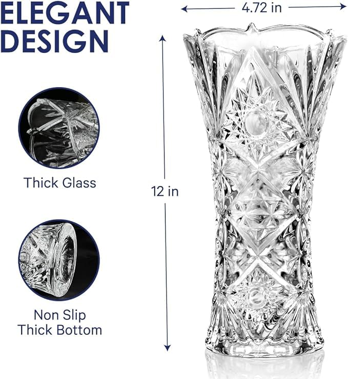 Red Cherry India Glass Dimond Cut Flower Vase Crystal Clear 11 Inch Flower Vase for Dining Table Decoration Clear Crystal VaseOrchid Pattern Glass Vase for Centerpieces Modern Flower Vase Decorative - Image 2