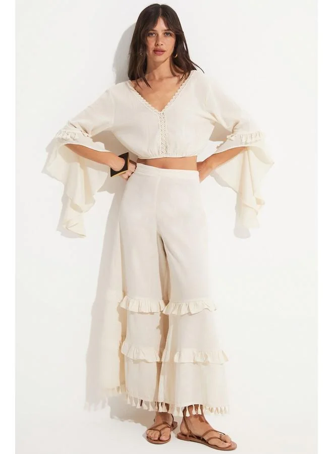 JUNE June Women 100% Cotton Ruffle Detailed Blouse Trouser Set Ecru