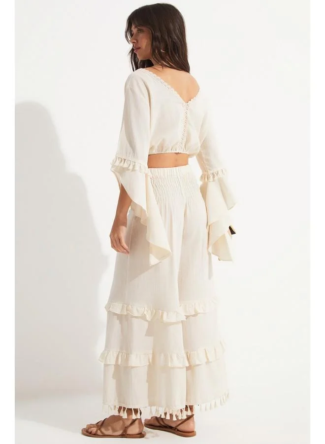 JUNE June Women 100% Cotton Ruffle Detailed Blouse Trouser Set Ecru