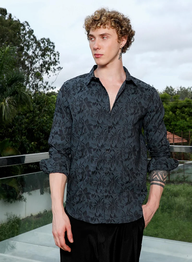 Campus Sutra Men's Dark Grey Floral Pattern Slim Fit Shirt