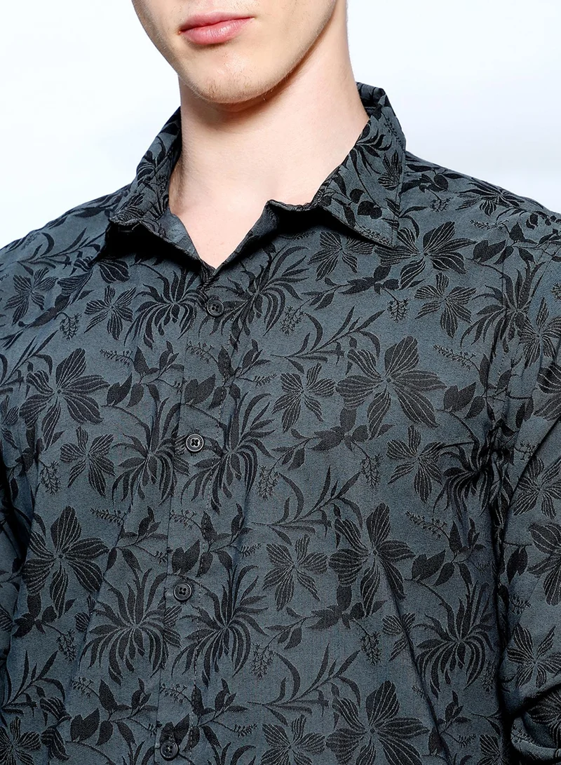Campus Sutra Men's Dark Grey Floral Pattern Slim Fit Shirt