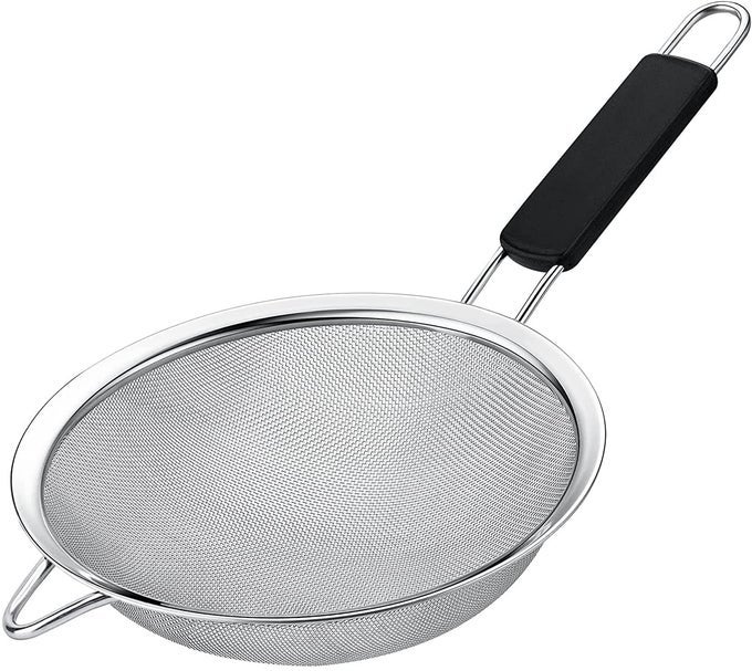 FINE MESH STRAINER WITH THERMO PLASTIC RUBBER HANDLE SIEVE FINE MESH STAINLESS STEEL IDEAL TO SIFT FLOUR ICING SUGAR FRUITS AND VEGETABLES 63 INCHES