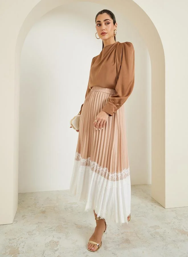 Beige Pleated Midi Skirt with Lace Trim