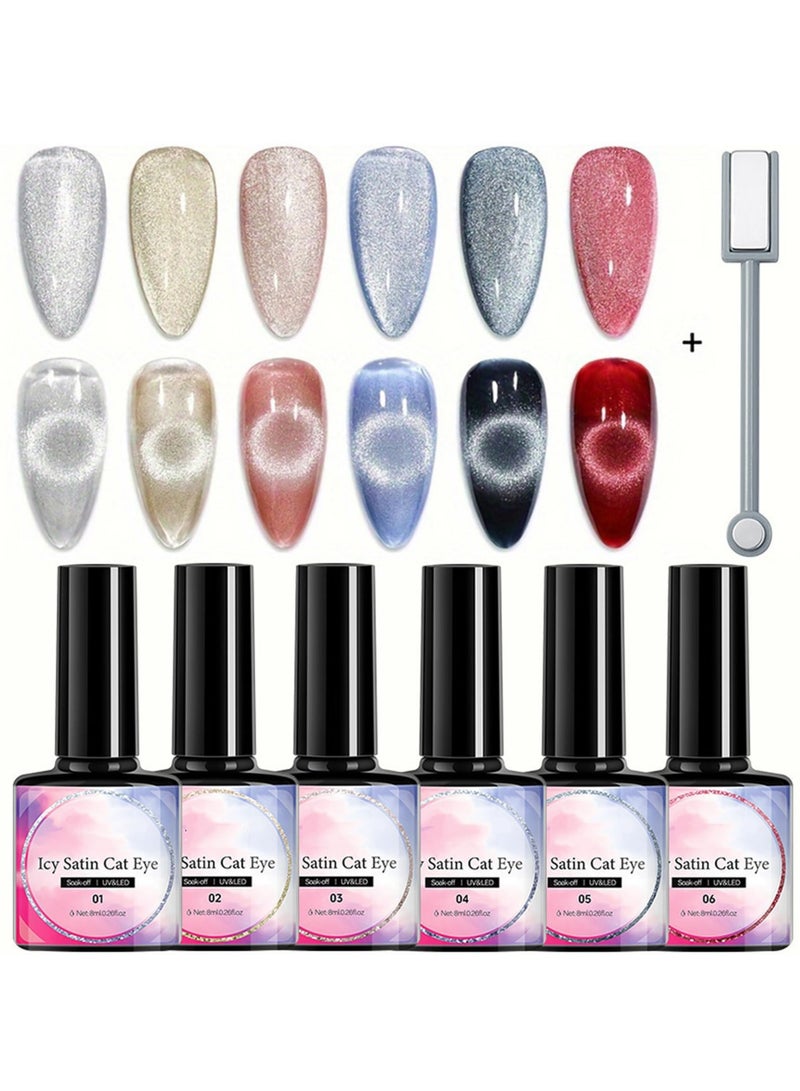 CMGTYYD 6 Pcs Holographic Glitter Cat Eye Gel Nail Polish Kit, with Magnet, Rainbow Pastel Color Magnetic Nail Polish Gel, for Women Girls, Soak Off UV Polish Kit, Silver, Red, Black, Blue, Nude  - Image 1