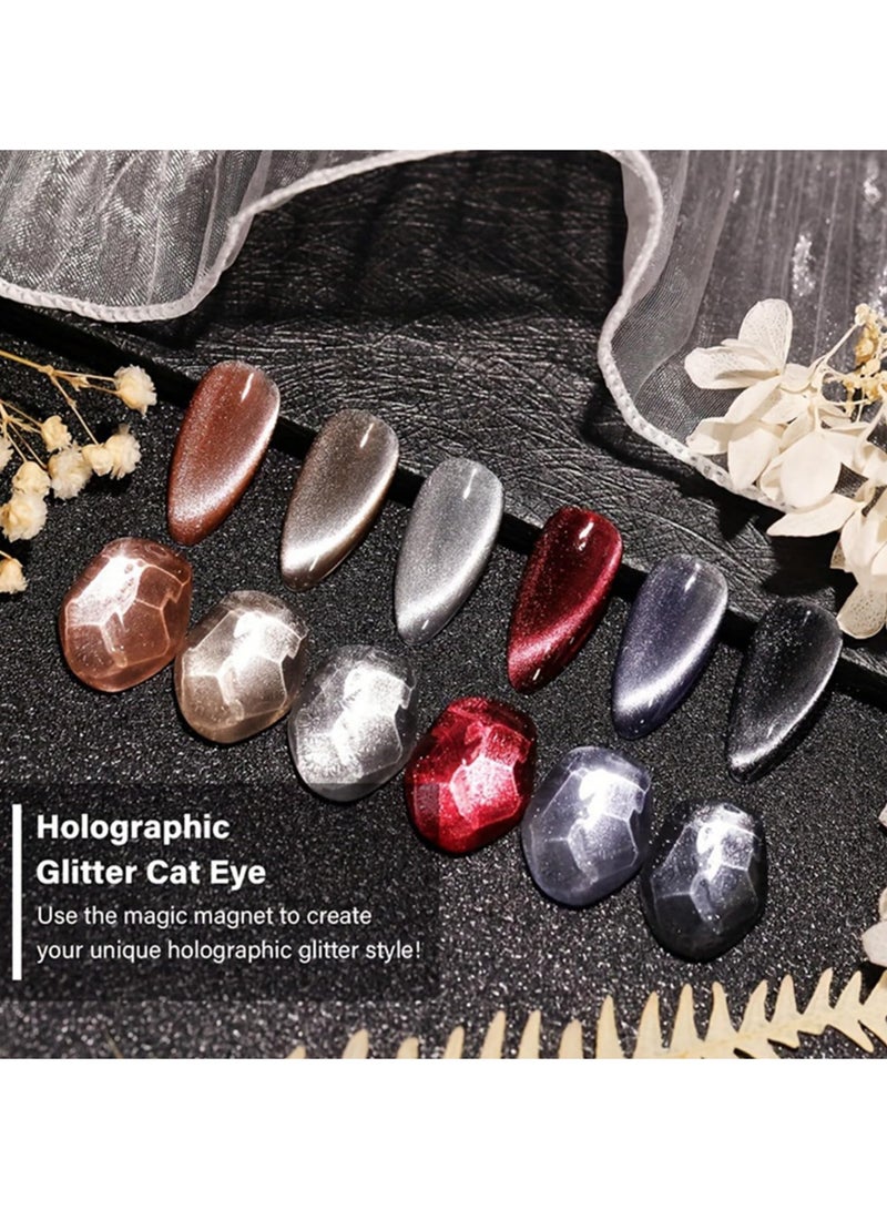 CMGTYYD 6 Pcs Holographic Glitter Cat Eye Gel Nail Polish Kit, with Magnet, Rainbow Pastel Color Magnetic Nail Polish Gel, for Women Girls, Soak Off UV Polish Kit, Silver, Red, Black, Blue, Nude  - Image 3