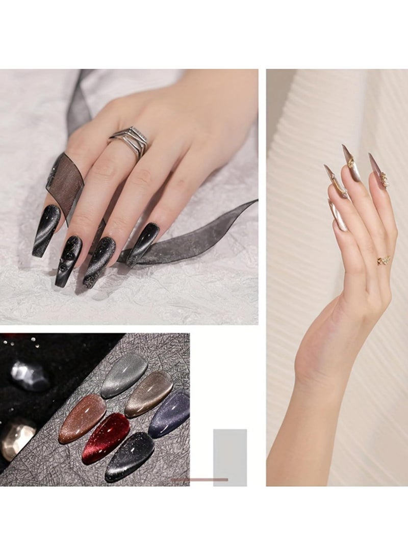 CMGTYYD 6 Pcs Holographic Glitter Cat Eye Gel Nail Polish Kit, with Magnet, Rainbow Pastel Color Magnetic Nail Polish Gel, for Women Girls, Soak Off UV Polish Kit, Silver, Red, Black, Blue, Nude  - Image 5