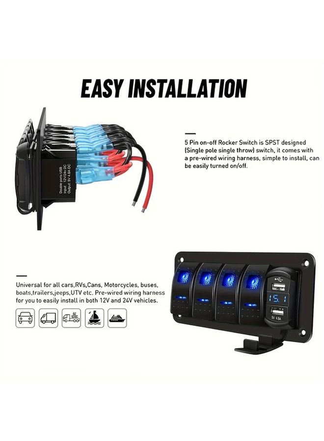 Blue Aluminum 4 Button Switch Panel with Dual USB Chargers 4.8A for Multiple Vehicles - Image 3