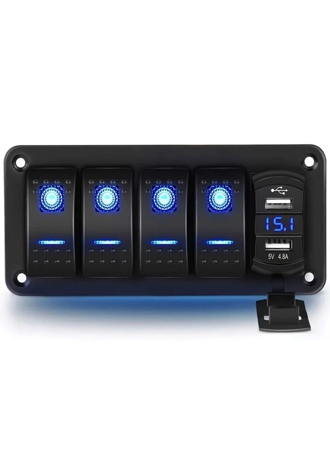 Blue Aluminum 4 Button Switch Panel with Dual USB Chargers 4.8A for Multiple Vehicles - Image 1