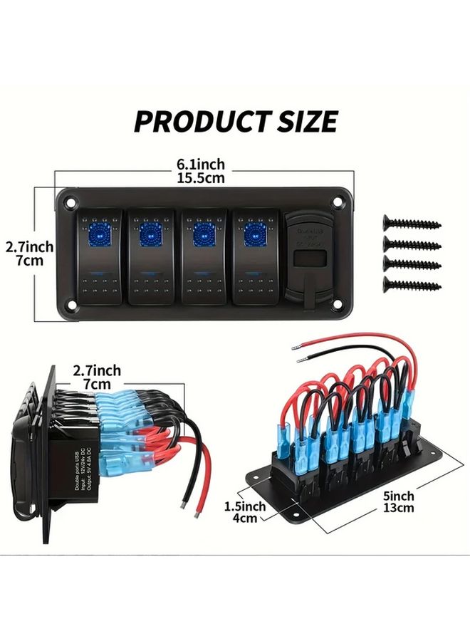 Blue Aluminum 4 Button Switch Panel with Dual USB Chargers 4.8A for Multiple Vehicles - Image 2