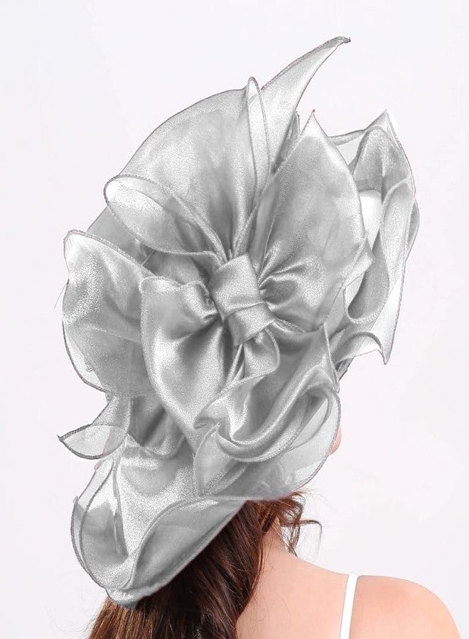 ORIDOOR Women's Organza Cloche Bowler Hat Derby Fascinator for Tea Party Bridal Wedding Dress Hat 011C1-Gray - Image 3