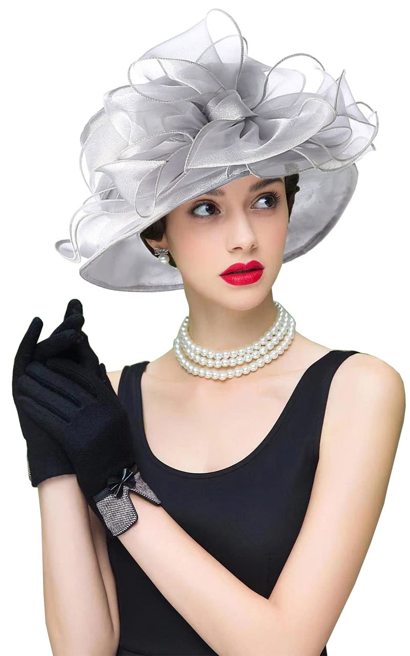 ORIDOOR Women's Organza Cloche Bowler Hat Derby Fascinator for Tea Party Bridal Wedding Dress Hat 011C1-Gray - Image 1