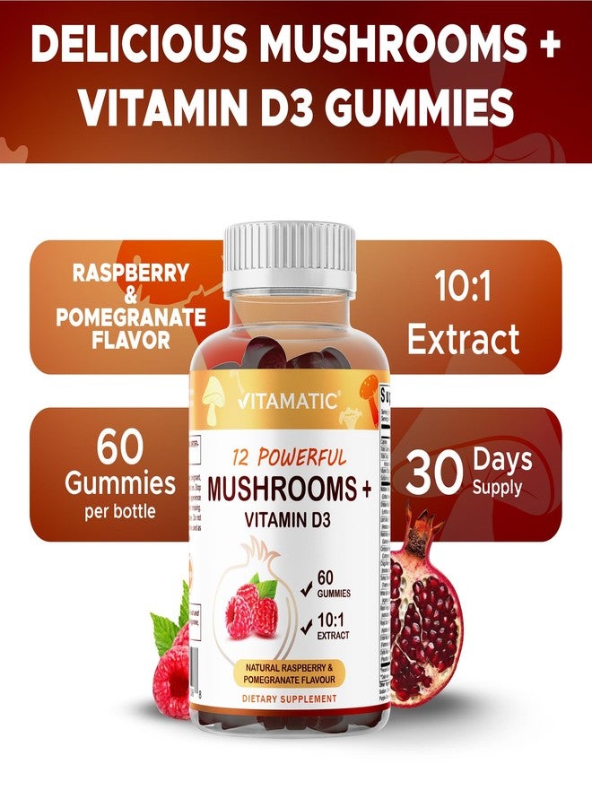 Vitamatic Mushroom Complex Gummies with D3 - Plant-Based Botanical Extract - Pectin-Based, Non-GMO - Herbal Supplement Gummies - 60 Count - 2 Pack (120 Count) - Image 3