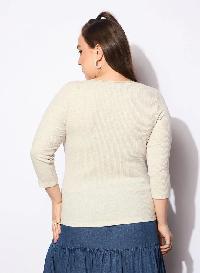 SASSAFRAS Sassafras Plus Size Melange Round Neck Lace Detail Top