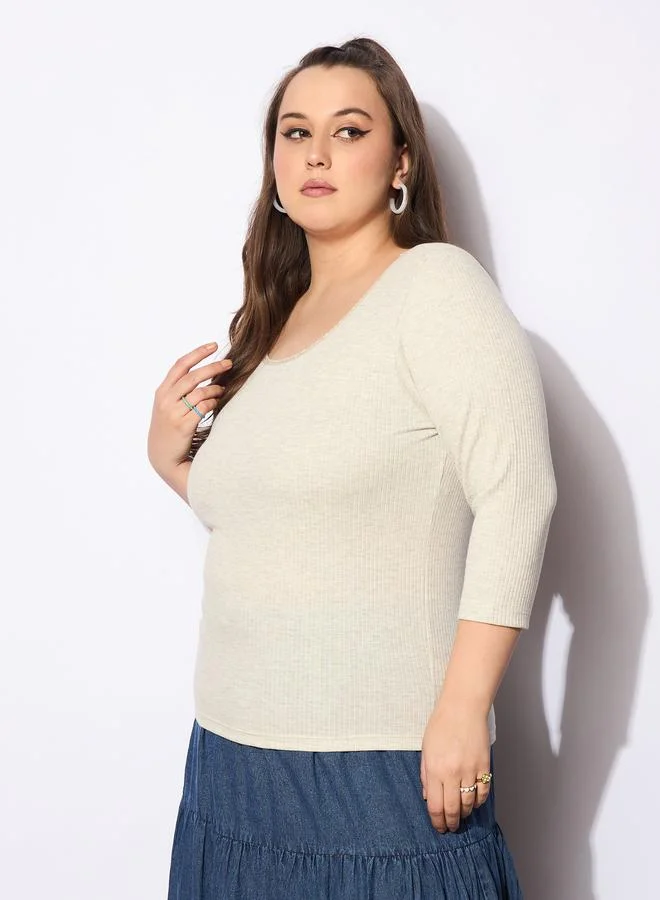 SASSAFRAS Sassafras Plus Size Melange Round Neck Lace Detail Top