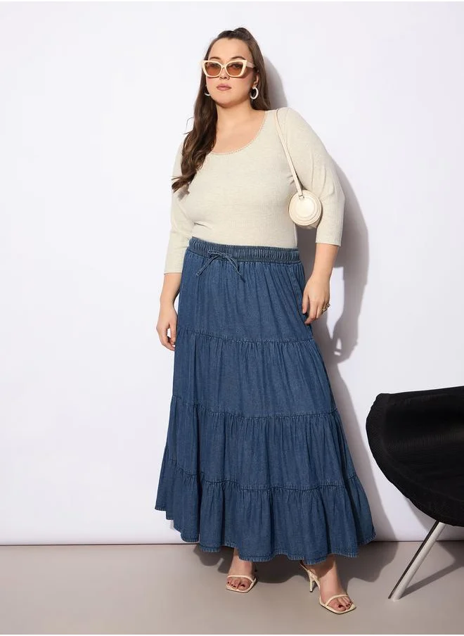ساسافراس Sassafras Plus Size Melange Round Neck Lace Detail Top