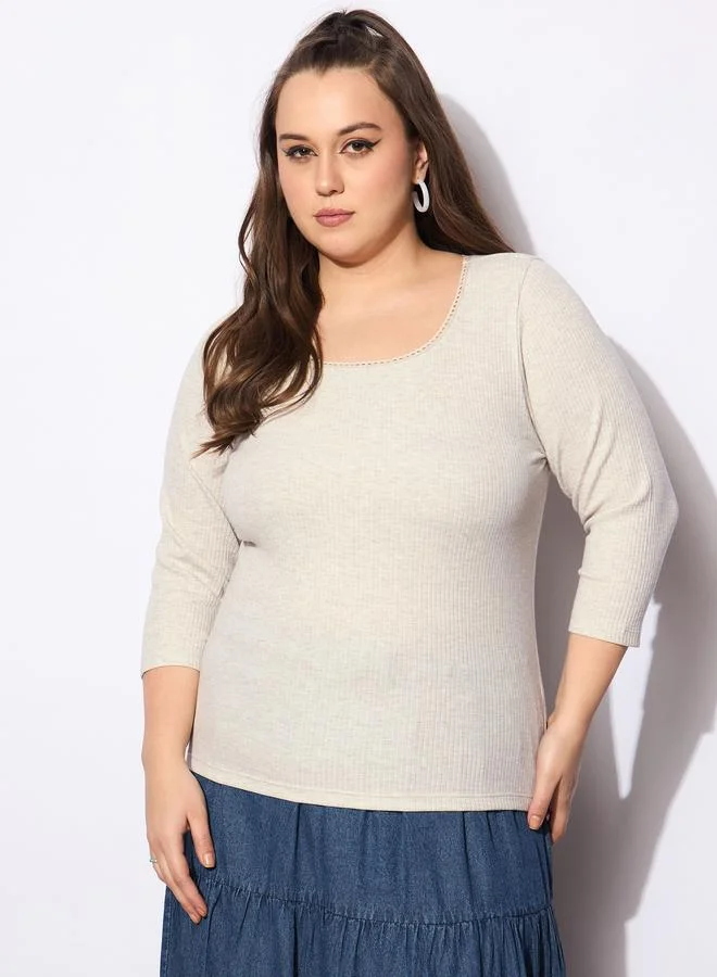 SASSAFRAS SASSAFRAS Plus Size Melange Round Neck Lace Detail Top
