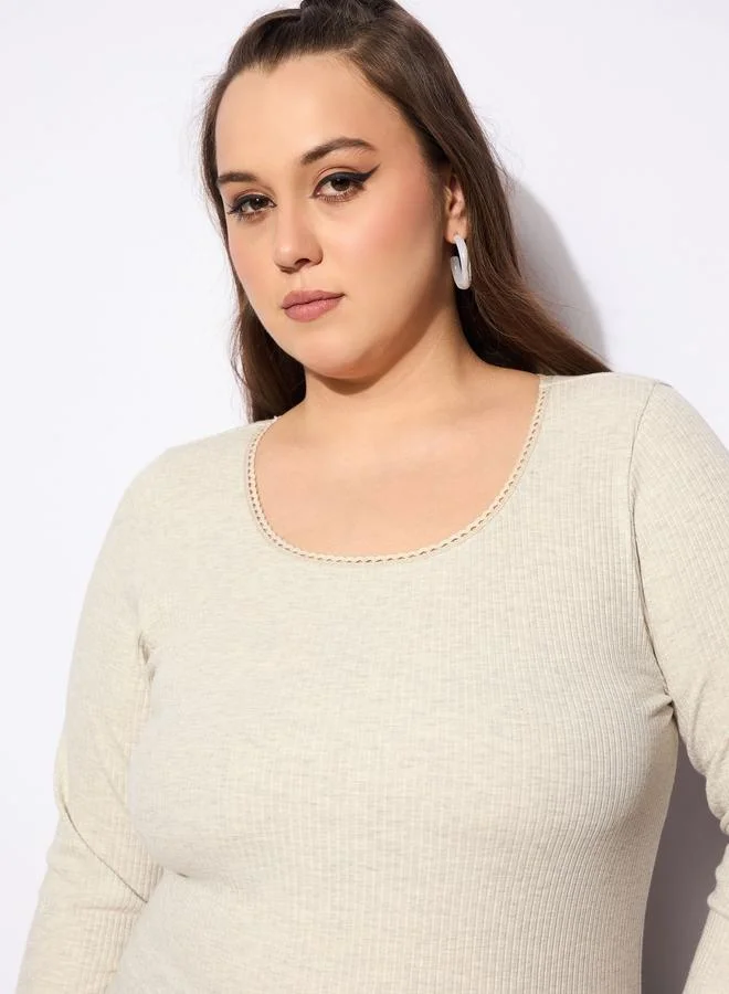 SASSAFRAS SASSAFRAS Plus Size Melange Round Neck Lace Detail Top