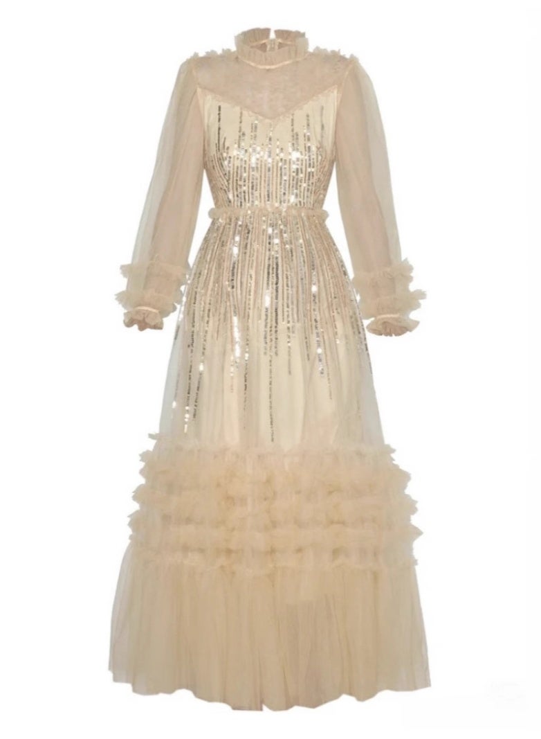 Madam Uniq Beige Tulle Gown with Sequin Embellishments and Ruffled Details - Image 2