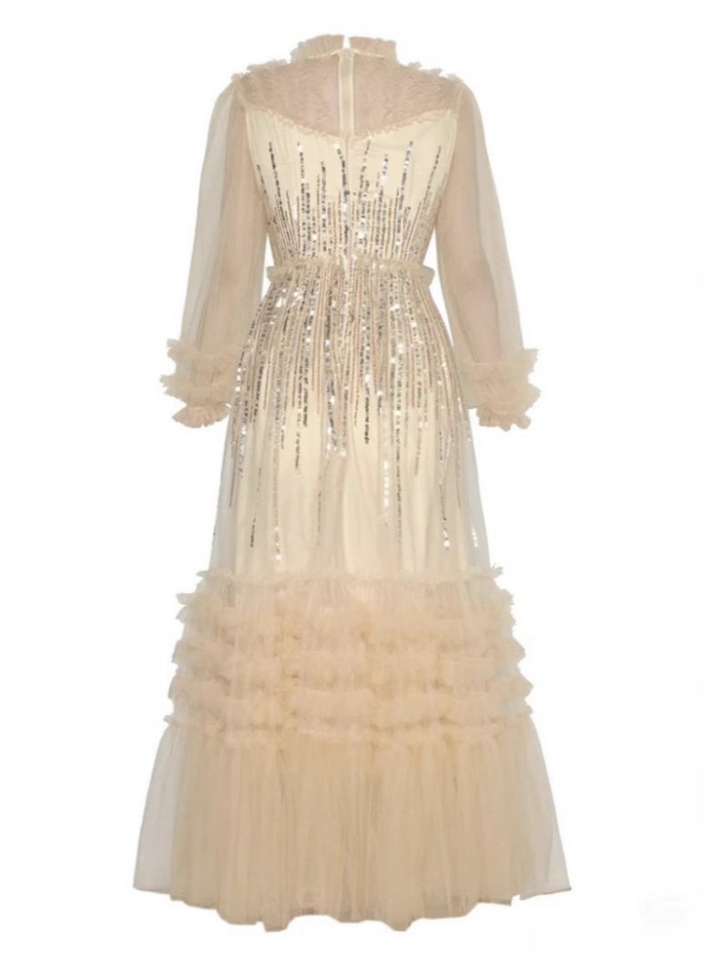 Madam Uniq Beige Tulle Gown with Sequin Embellishments and Ruffled Details - Image 3