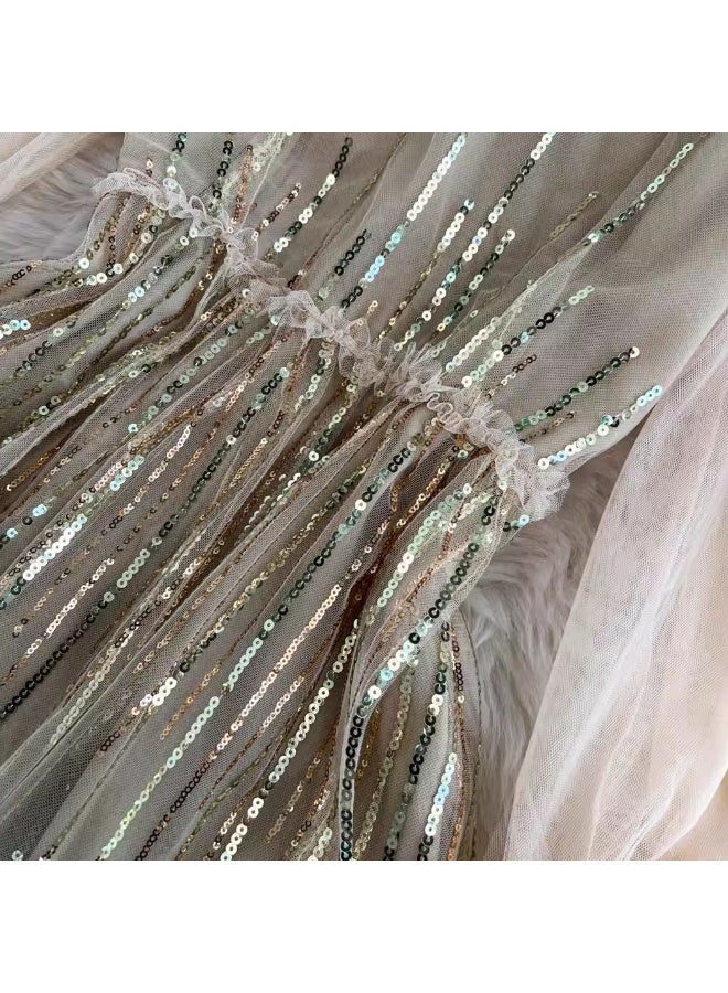 Madam Uniq Beige Tulle Gown with Sequin Embellishments and Ruffled Details - Image 4