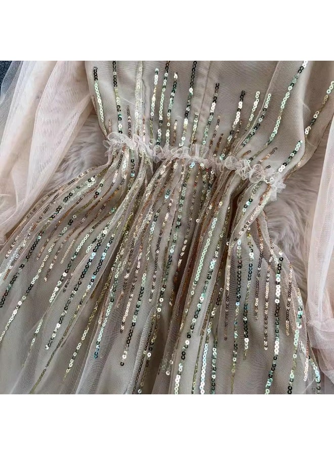 Madam Uniq Beige Tulle Gown with Sequin Embellishments and Ruffled Details - Image 5