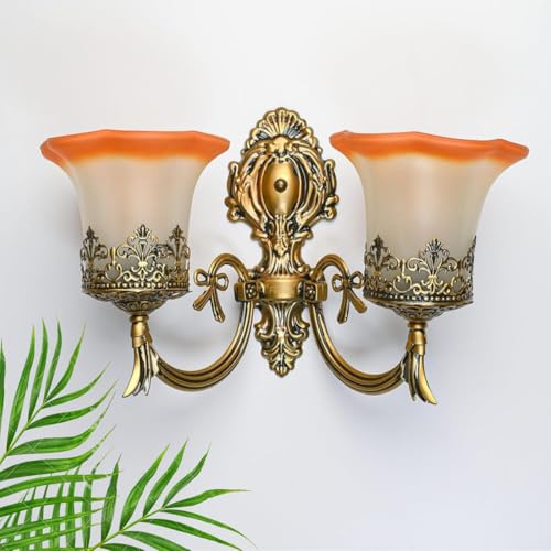 SINOMAN Retro Golden Antique Wall Light Fixture with Multi Glass Shade Curved Arm Industrial Sconce Stylish Home Lighting for Hallway, Vanity, Bedroom, Café, Living Room, Bedroom (Double) (with Bulb) - Image 2
