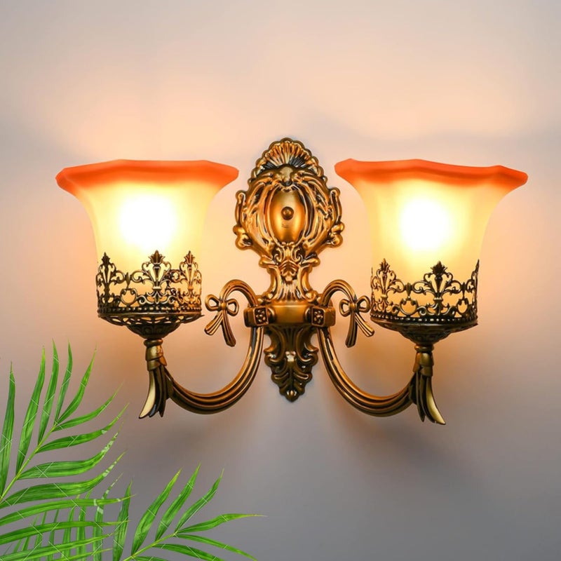 SINOMAN Retro Golden Antique Wall Light Fixture with Multi Glass Shade Curved Arm Industrial Sconce Stylish Home Lighting for Hallway, Vanity, Bedroom, Café, Living Room, Bedroom (Double) (with Bulb) - Image 5