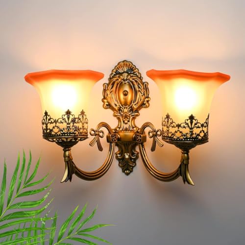 SINOMAN Retro Golden Antique Wall Light Fixture with Multi Glass Shade Curved Arm Industrial Sconce Stylish Home Lighting for Hallway, Vanity, Bedroom, Café, Living Room, Bedroom (Double) (with Bulb) - Image 1