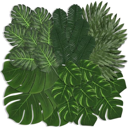 Opvixi Palm Leaves 108 Pcs 6 Kinds Artificial Palm Leaves Monstera Tropical Leaves Decor Green Leaves for Jungle Hawaiian Luau Safari Party Table Wedding Birthday Theme Party Decorations - Image 1
