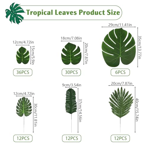 Opvixi Palm Leaves 108 Pcs 6 Kinds Artificial Palm Leaves Monstera Tropical Leaves Decor Green Leaves for Jungle Hawaiian Luau Safari Party Table Wedding Birthday Theme Party Decorations - Image 3