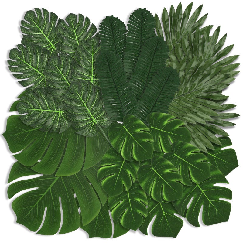 Opvixi Palm Leaves 108 Pcs 6 Kinds Artificial Palm Leaves Monstera Tropical Leaves Decor Green Leaves for Jungle Hawaiian Luau Safari Party Table Wedding Birthday Theme Party Decorations - Image 2