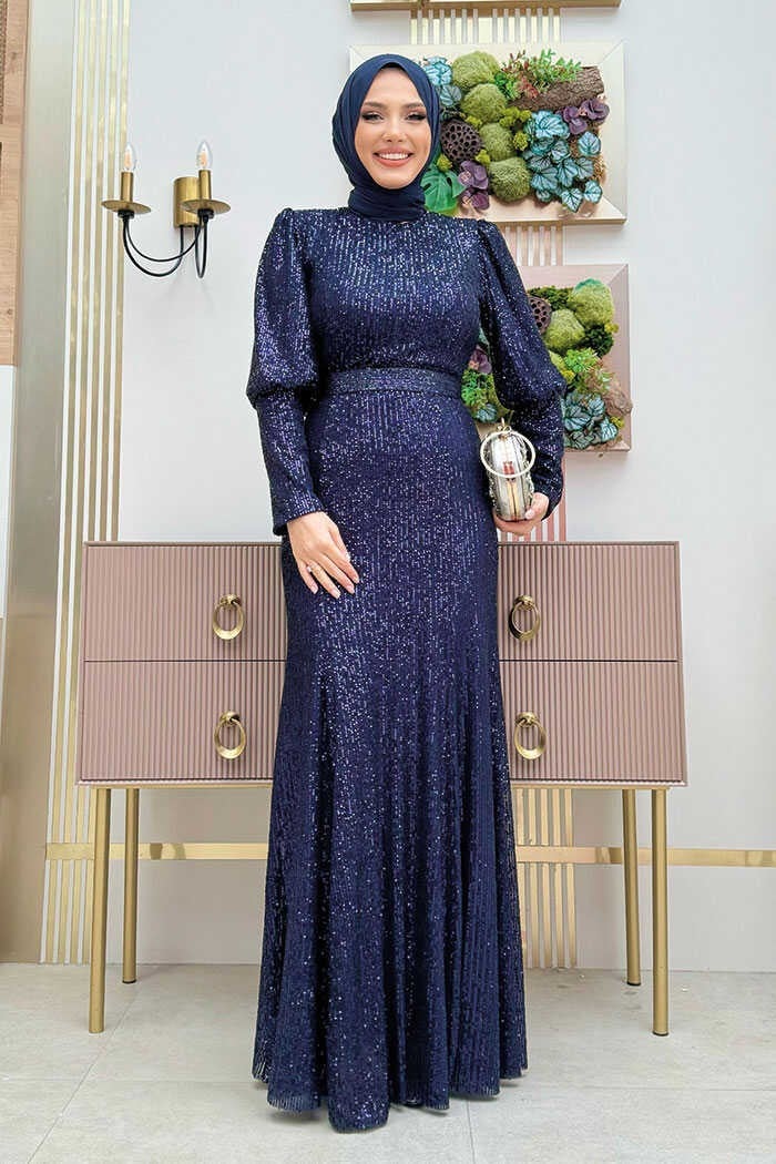 Bym Fashion Belt Accessory Sequin Fish Evening Dress 3858 Navy Blue  - Image 1
